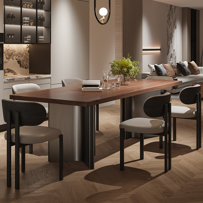 复古实木中古风长方形加厚胡桃色桌面餐桌椅组合大户型岛台茶桌