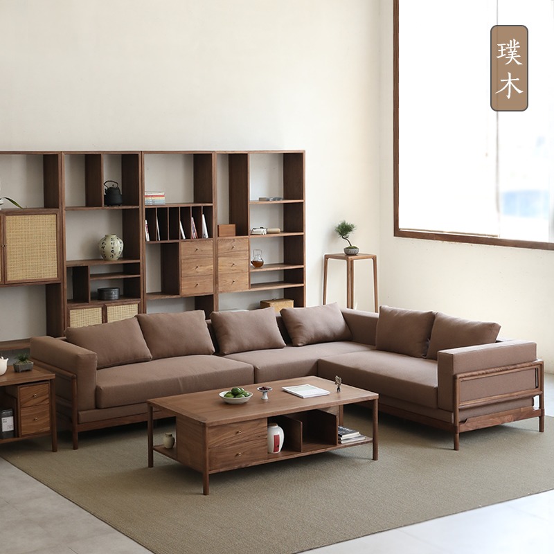 璞木新中式沙发多人黑胡桃实木现代简约客厅布艺转角贵妃组合家具