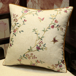 新款中式花鸟奢华棉麻高档刺绣花沙发大抱枕含芯床头靠垫枕套定制