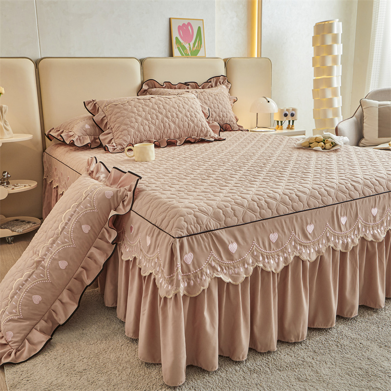 新款刺绣夹棉花边床裙款单件加厚床罩带裙边床单床盖席梦思保护套