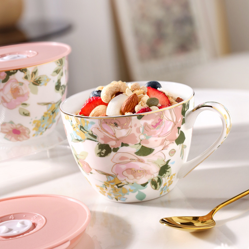 nosin诺轩早餐杯子燕麦杯陶瓷泡麦片田园风大容量马克杯带盖水杯