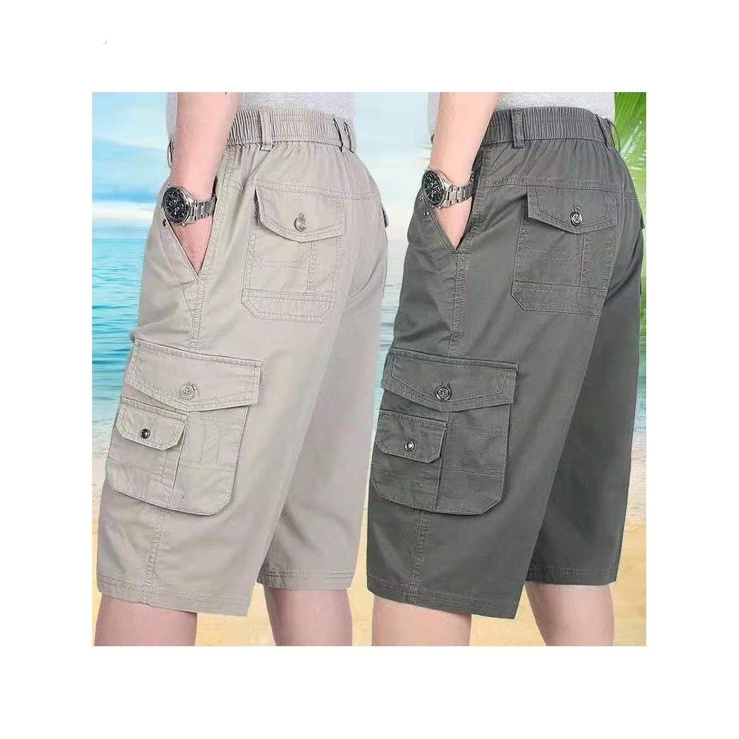 中老年男夏季爸爸纯棉西装短裤高腰宽松多袋五分裤男士休闲工装裤