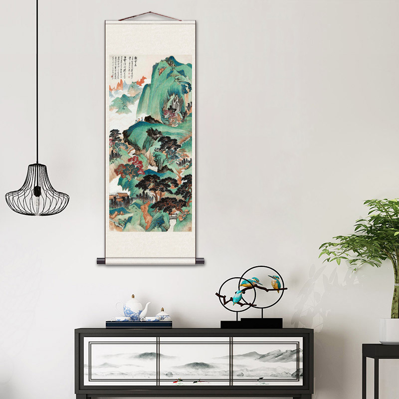张大千山水画仙境山水卷轴挂y饰品教室挂画玄关装饰挂轴送客户
