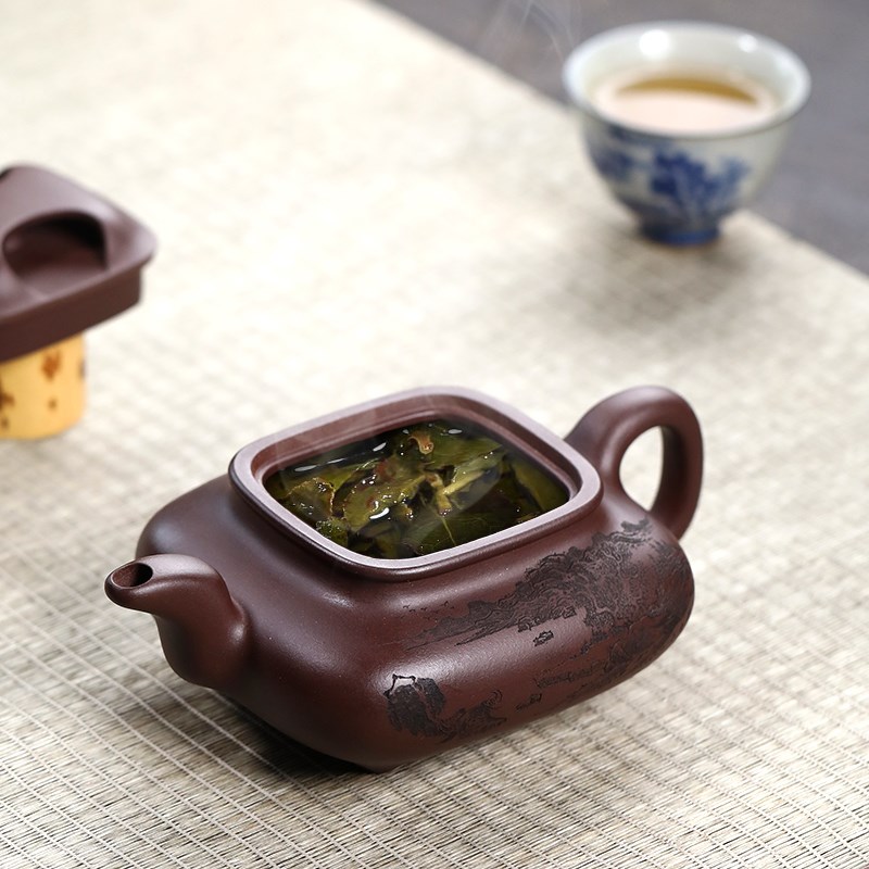 宜兴紫砂壶原矿紫泥全手工刻绘纯手工泡茶M壶茶具套装 牛盖传炉