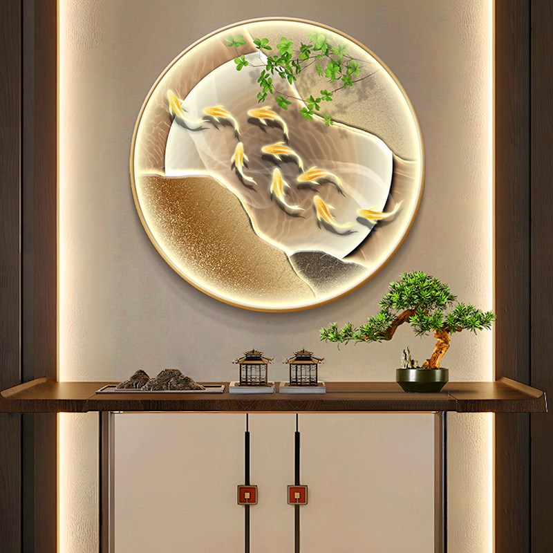 九鱼图入户玄关装饰画现代轻奢客厅走廊墙壁画高级感圆形灯光挂画图片