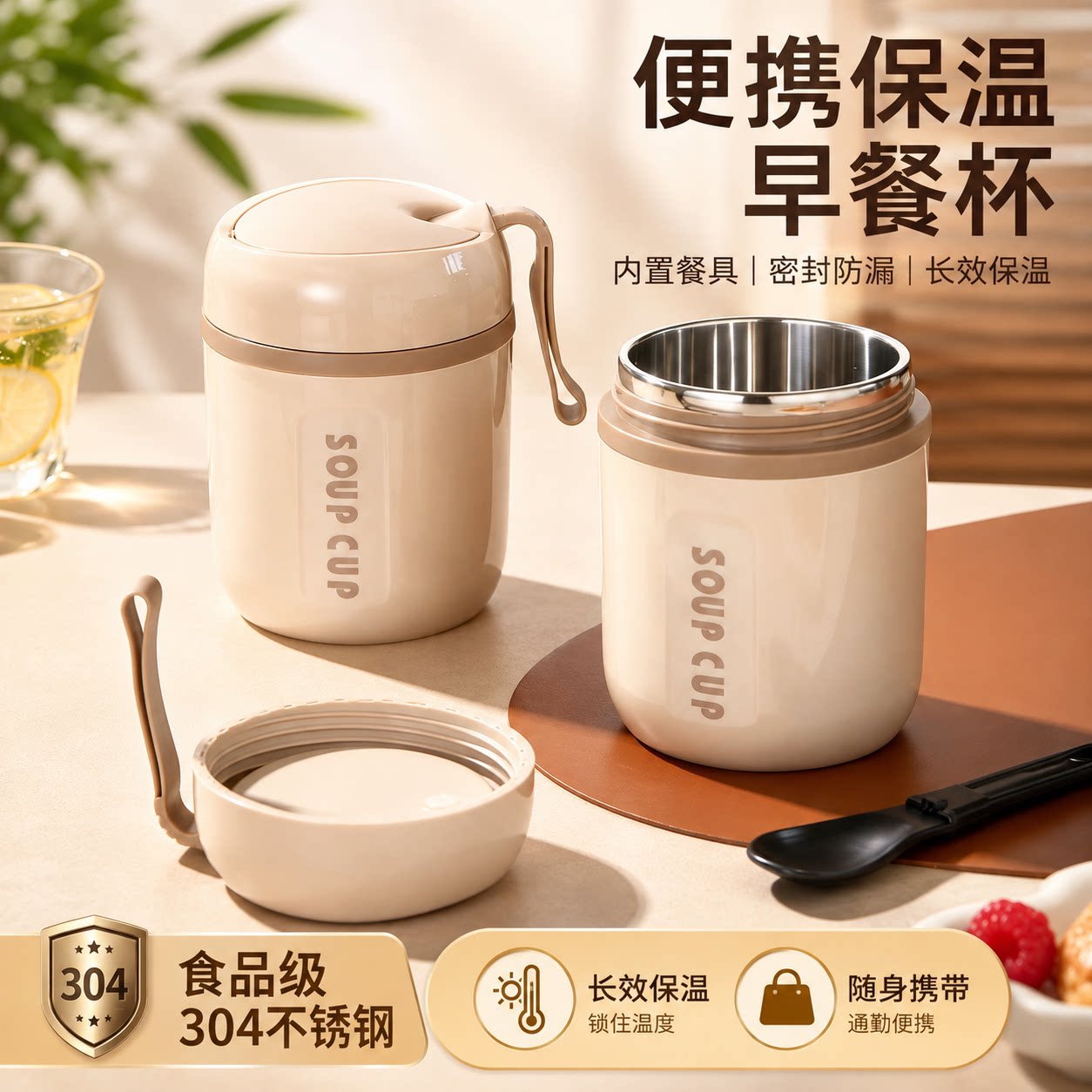 德国不锈钢保温杯带盖带勺早餐杯