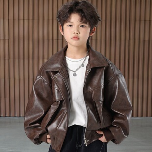男童皮衣春秋款 复古机车风翻领PU皮夹克帅气外套中大童 2026新款