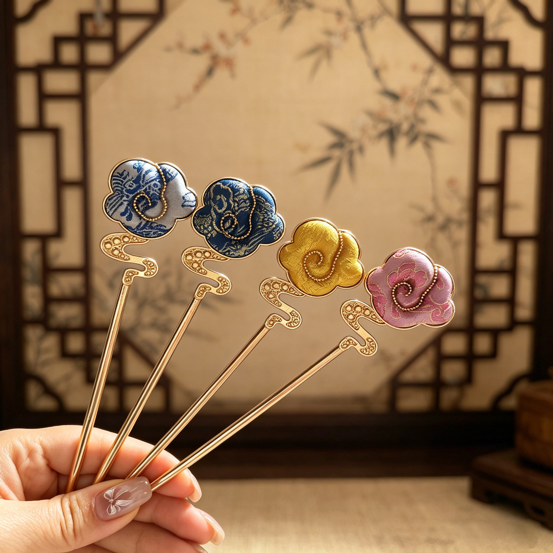 成品新款宋锦手工发簪汉服旗袍簪子新中式盘发发钗中国风发饰头饰