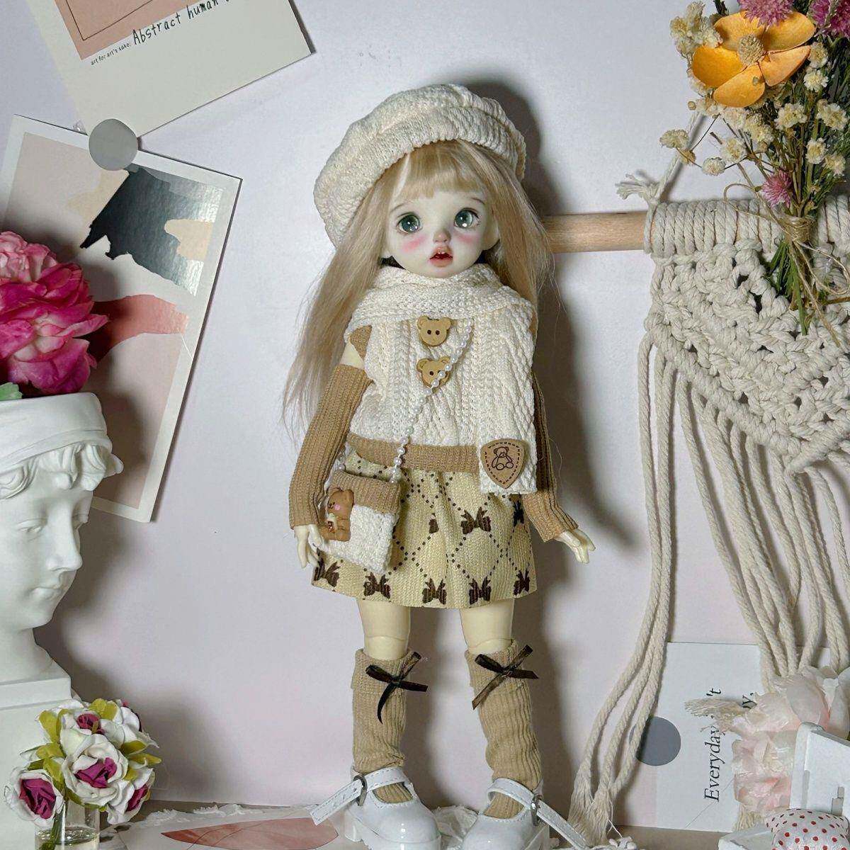 bjd6分娃衣套装上衣短裙喇叭裤帽子袜子包包30cm胖体娃娃衣服六分