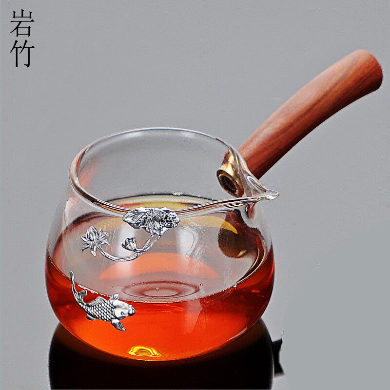 玻璃公道杯加厚耐热分茶器大号带木把创意个性镶锡带茶漏公茶杯
