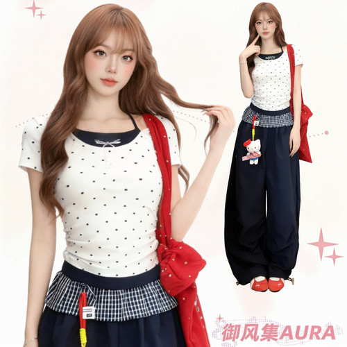 AURA波点吊带假两件短袖T恤女