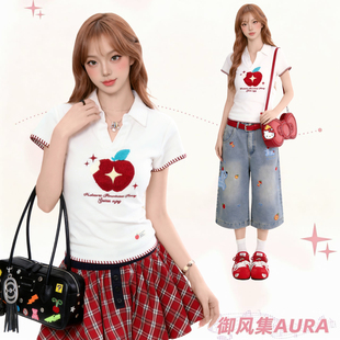 AURA复古苹果刺绣正肩T恤夏季新款修身显瘦短袖小众百搭短袖上衣