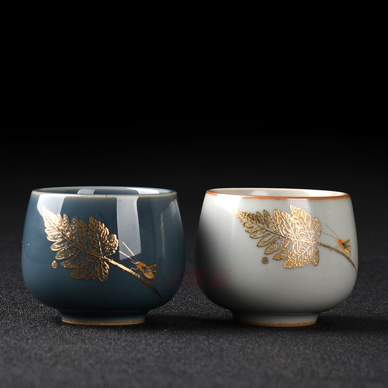 主人单杯手工陶瓷品茗功夫茶杯金叶盏杯木叶杯子五大名窑茶碗礼品
