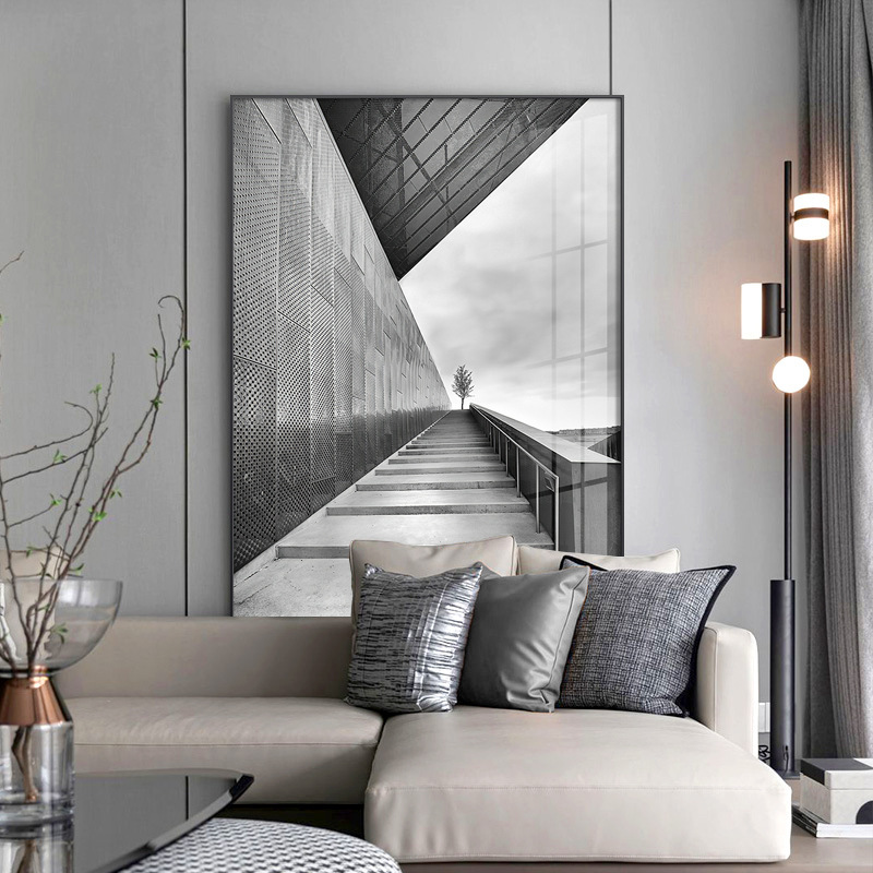 建筑灰色客厅沙发背景墙装饰画挑空楼梯玄关挂画现代工业风落地画图片
