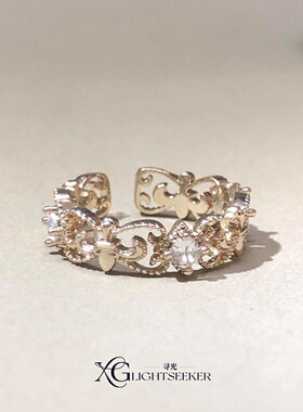 S925银中古咖金色闪钻鸢尾花戒指