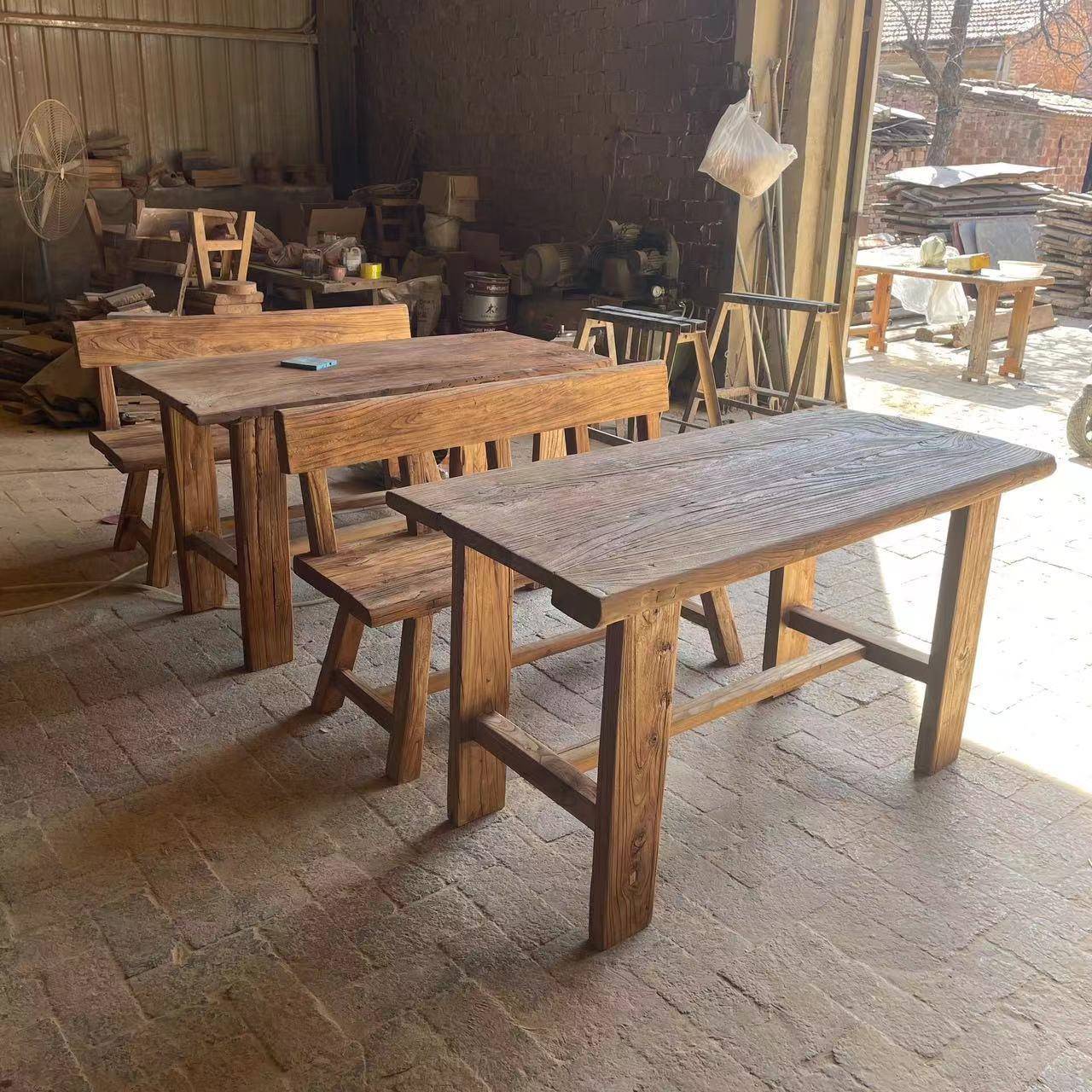 老榆木餐桌老门板吃饭桌子复古中式风化自然纹理木质餐桌