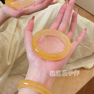 纯天然黄龙玉手镯金丝玉镯子小众玉镯女款半山水桂花酿手镯送情人