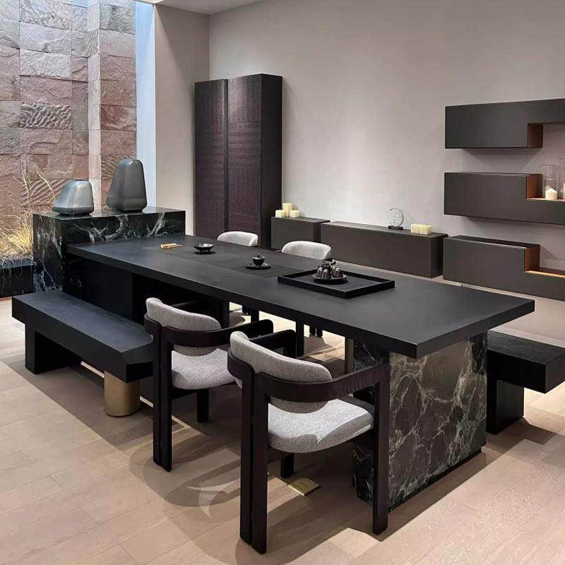 新中式岩板岛台烧水壶一体嵌入式实木茶桌轻奢高级感黑胡桃木茶台