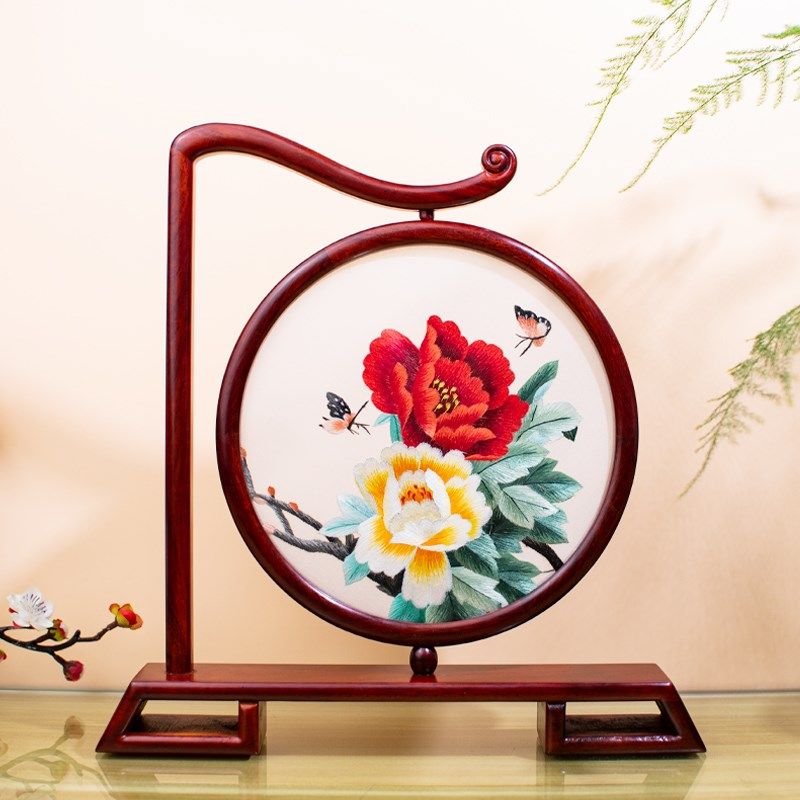 苏绣摆件手工刺绣牡丹花红花梨实木台屏办公室装饰品非遗工艺礼品