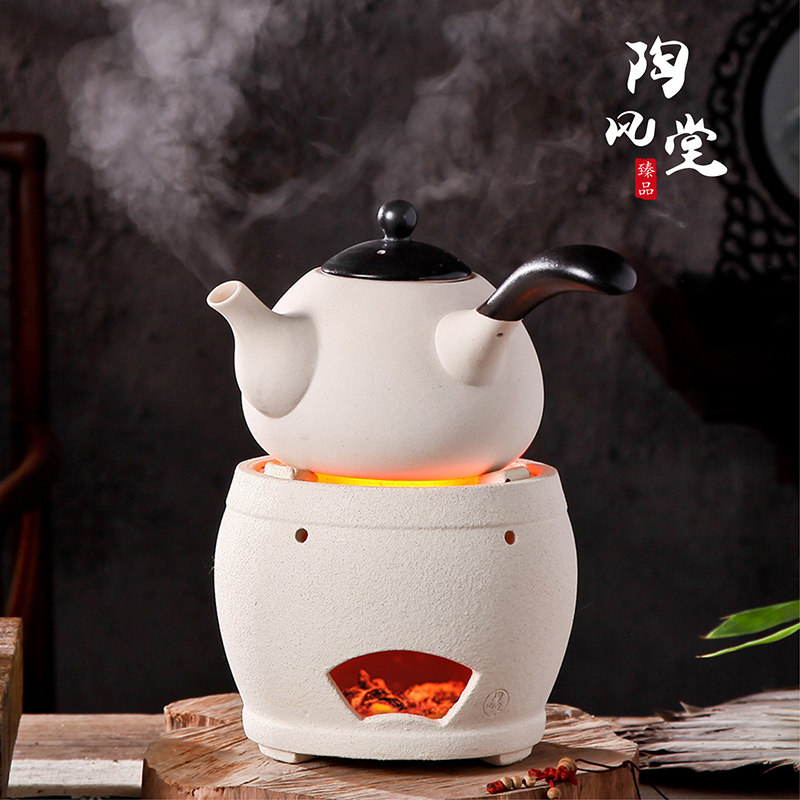 日式白泥陶壶侧把壶泡茶烧壶砂铫壶橄榄碳炉木炭炉功夫茶煮茶壶