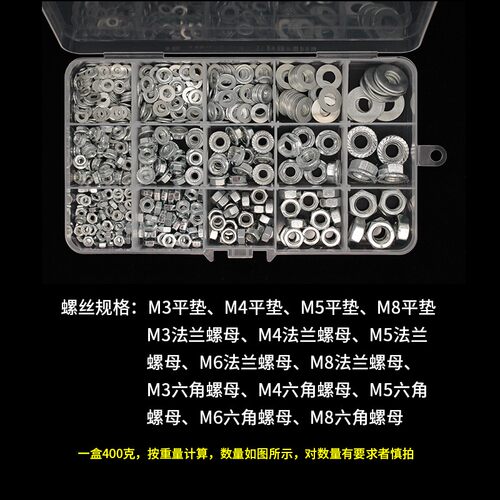 家用螺帽铁镀锌六角法兰螺母螺丝帽平垫介子垫圈套装大全M4M5M6M8