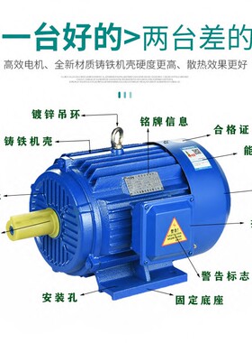 YE2三相异步电动机380V铜线电机0.55/0.75/1.1/1.5/2.2/3/4KW变频