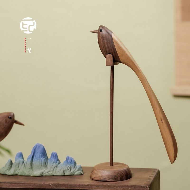 黑胡桃木拼樱桃木茶室创意小鸟摆件玄关桌面中式文玩木雕工艺摆件