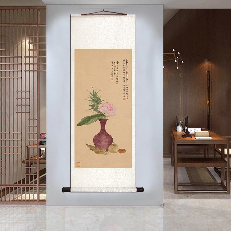 平安如意图卷轴挂画仿古花卉瓶花开富贵吉祥茶室书房玄关装饰画