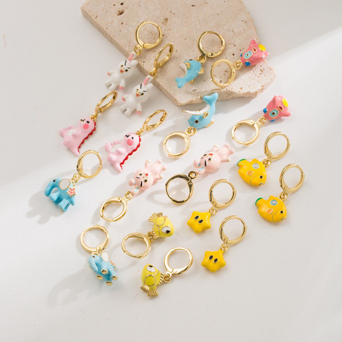 大象鱼兔子海豚海星喷火龙铜电镀18K金吊坠高级感耳环可爱饰品