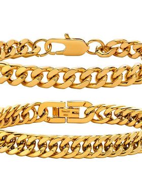 欧美简约金色不锈钢古巴手链