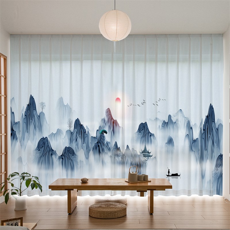 墨画窗帘景阳台挂帘透光不透人纱帘