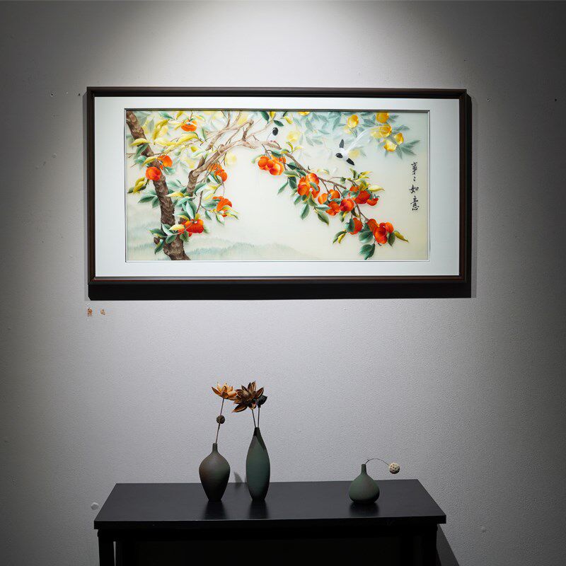 事事如意柿图手工苏绣餐厅书房挂画气精致刺绣作品精品