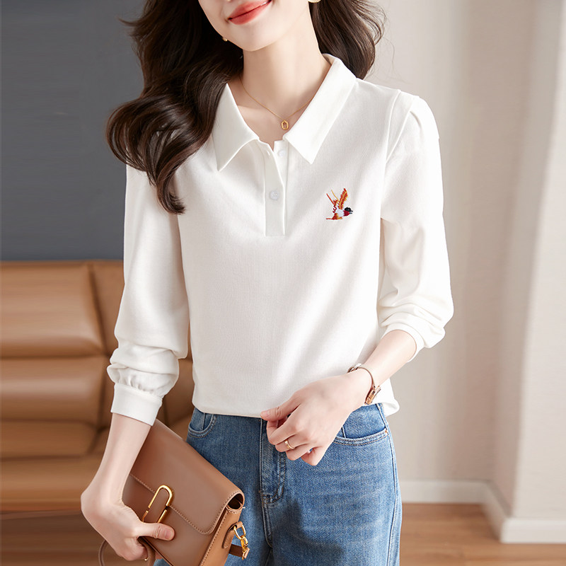 子苓服饰设计感刺绣长袖t恤女春夏白色气质polo衫小个子短款上衣