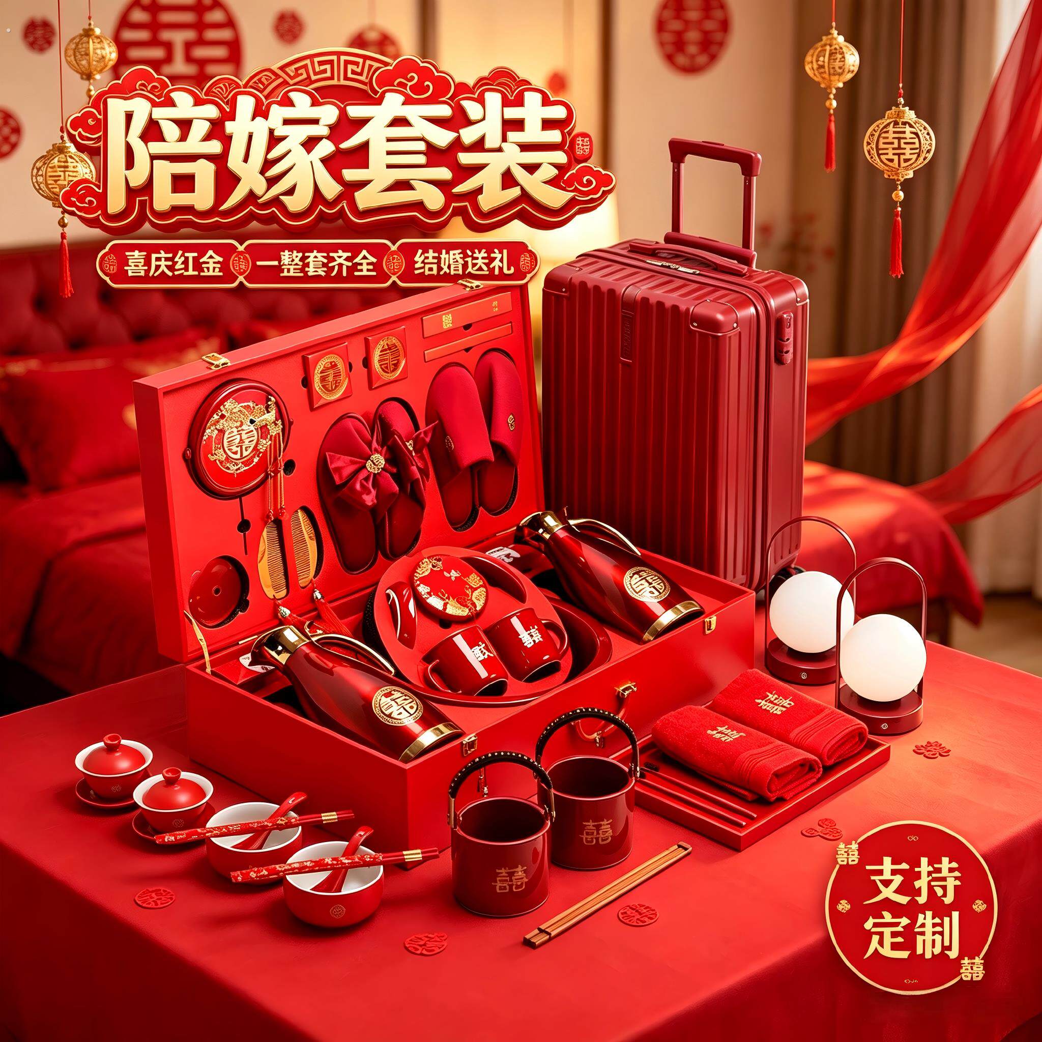 结婚用品大全女方陪嫁套装婚礼物品女方全套高档嫁妆实用洗漱喜盆