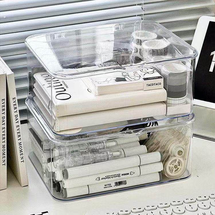 桌面收纳盒亚克力透明杂物置物架筐办公室书桌带盖防尘卧室整理盒,收纳整理,桌面收纳盒,淘宝优惠券,粉丝福利购,淘宝优惠卷