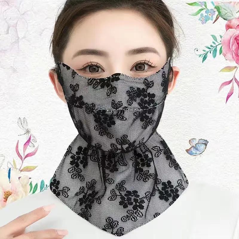 夏季蕾丝防晒口罩女护脖一体大面罩护脸骑行防晒5D立体露鼻透气