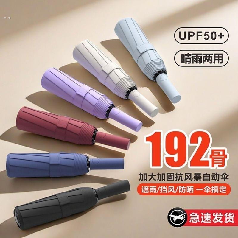 12骨抗大风晴雨两用伞超酷手柄 三折自动折叠伞黑胶防晒105CM伞面