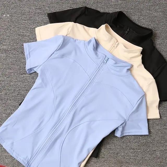 瑜伽服女紧身t恤运动短袖跑步训练普拉提立领拉炼健身服外套秋季