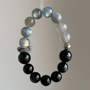 天然黑曜石手串灰月光蓝光拉长石水晶手链银蛇送女友生日礼物