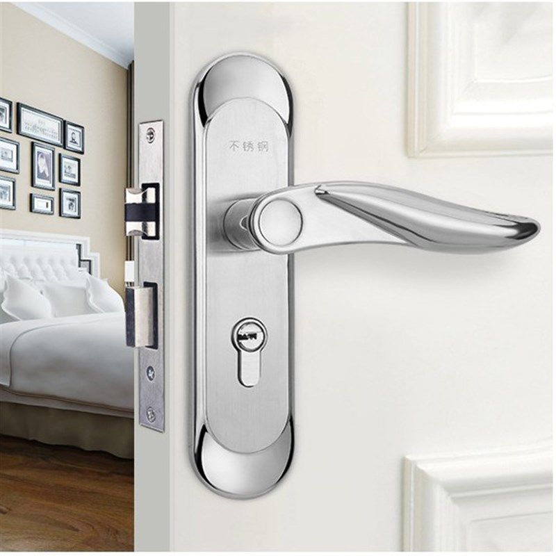 卧室房门锁 把手 面板配件50中心卧室H房间木门锁14孔距不锈钢门