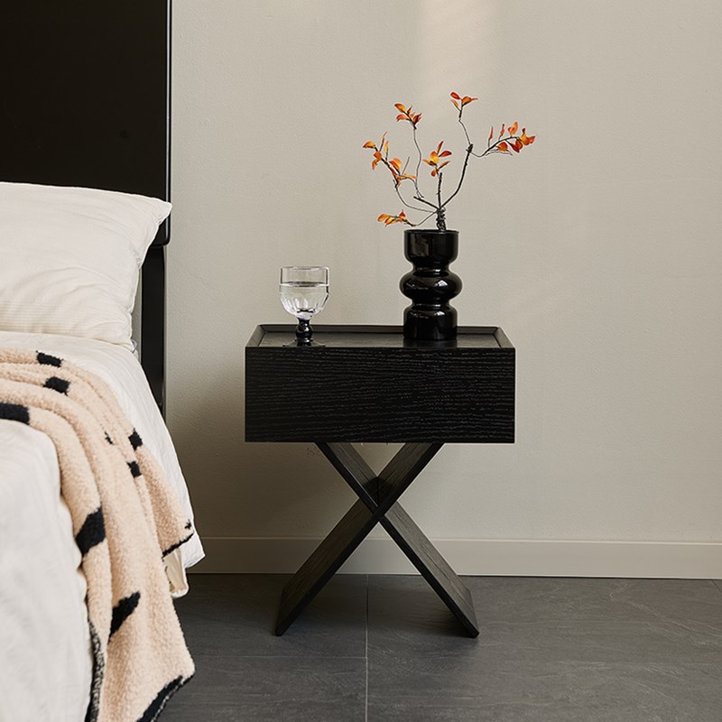 意式极简床头柜小户型卧室床边柜家用设计感黑色储物Y柜实木收纳