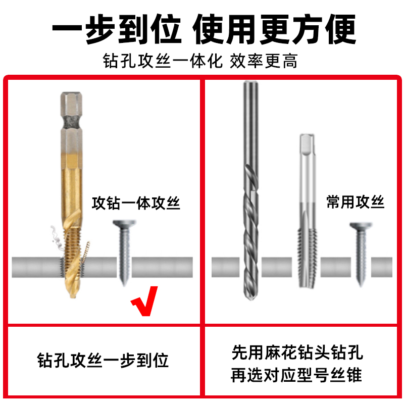 复合丝锥钻攻打孔一体丝攻三合一自D攻螺旋钻头螺纹开孔六角柄套