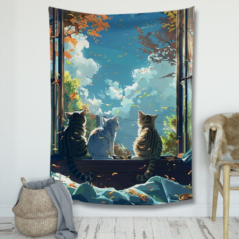 猫咪治愈a系插画竖版背景布小众挂布卧室墙壁遮丑布直播拍照装饰