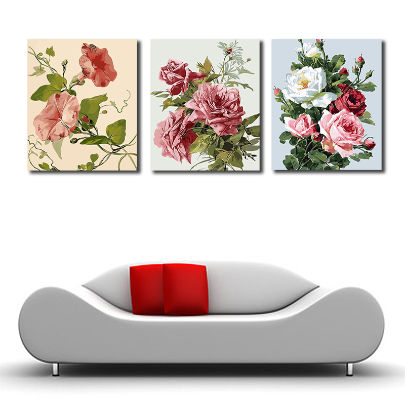 diy数字油画三联三拼 花卉 手绘填色定制大幅客厅卧室 装饰画包邮图片