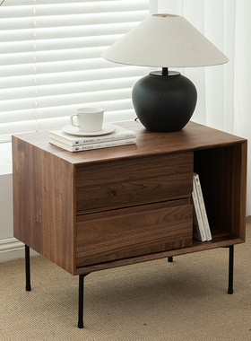 叁舍日式床头柜黑胡桃实木现代简约带抽屉卧室收纳柜小型床边柜子