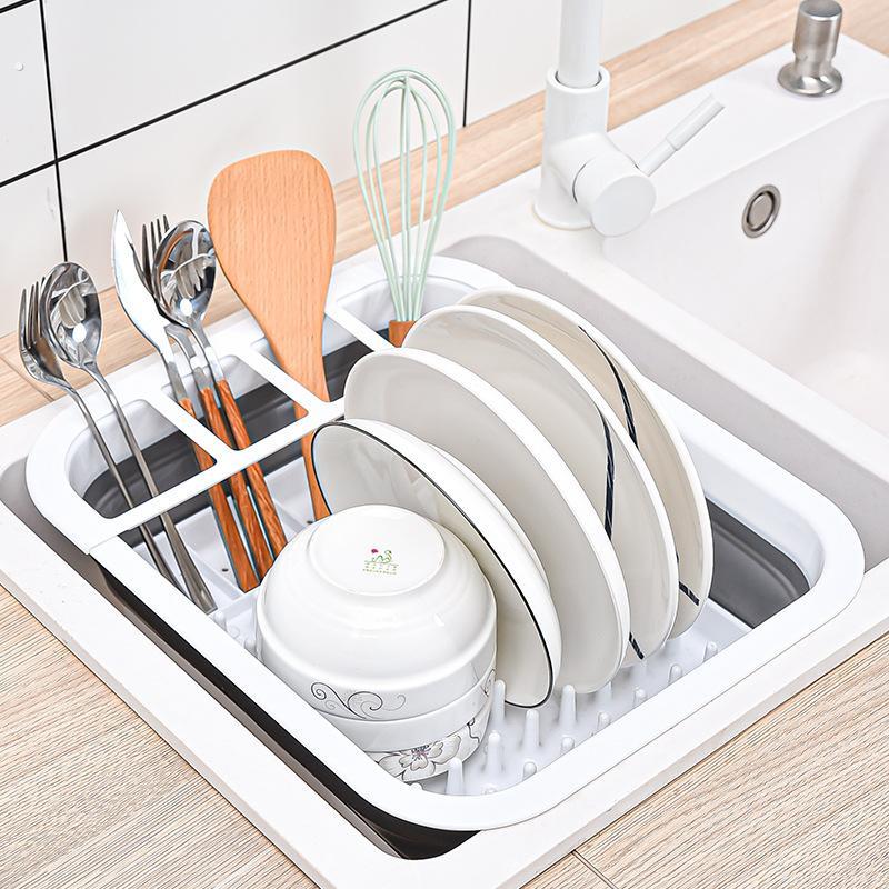 可折叠碗筷沥水碗架新款塑料厨房折叠沥水篮带水槽沥水收纳杯盘架