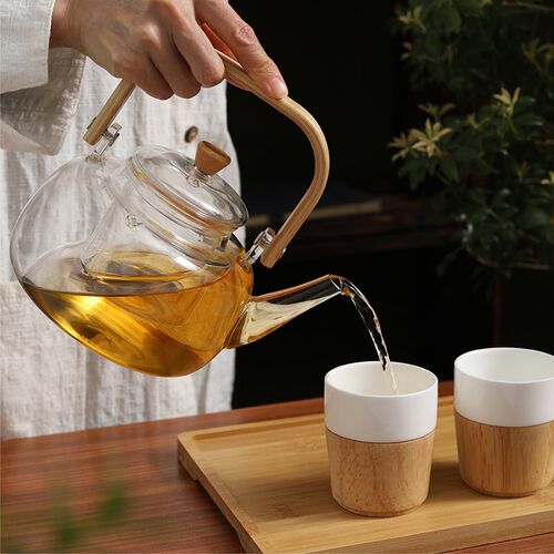 大容量煮茶壶木质提手可干烧花茶壶玻璃耐高温茶具配竹盘烫木杯