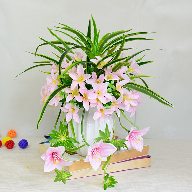 仿真花玫瑰花百合花瓶装假玫瑰花束绢花假花花