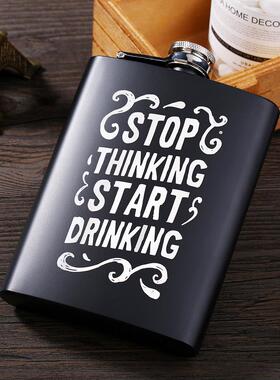 8OZ盎司黑色亚光不锈钢金属户外便携英文字母酒壶扁壶送漏斗