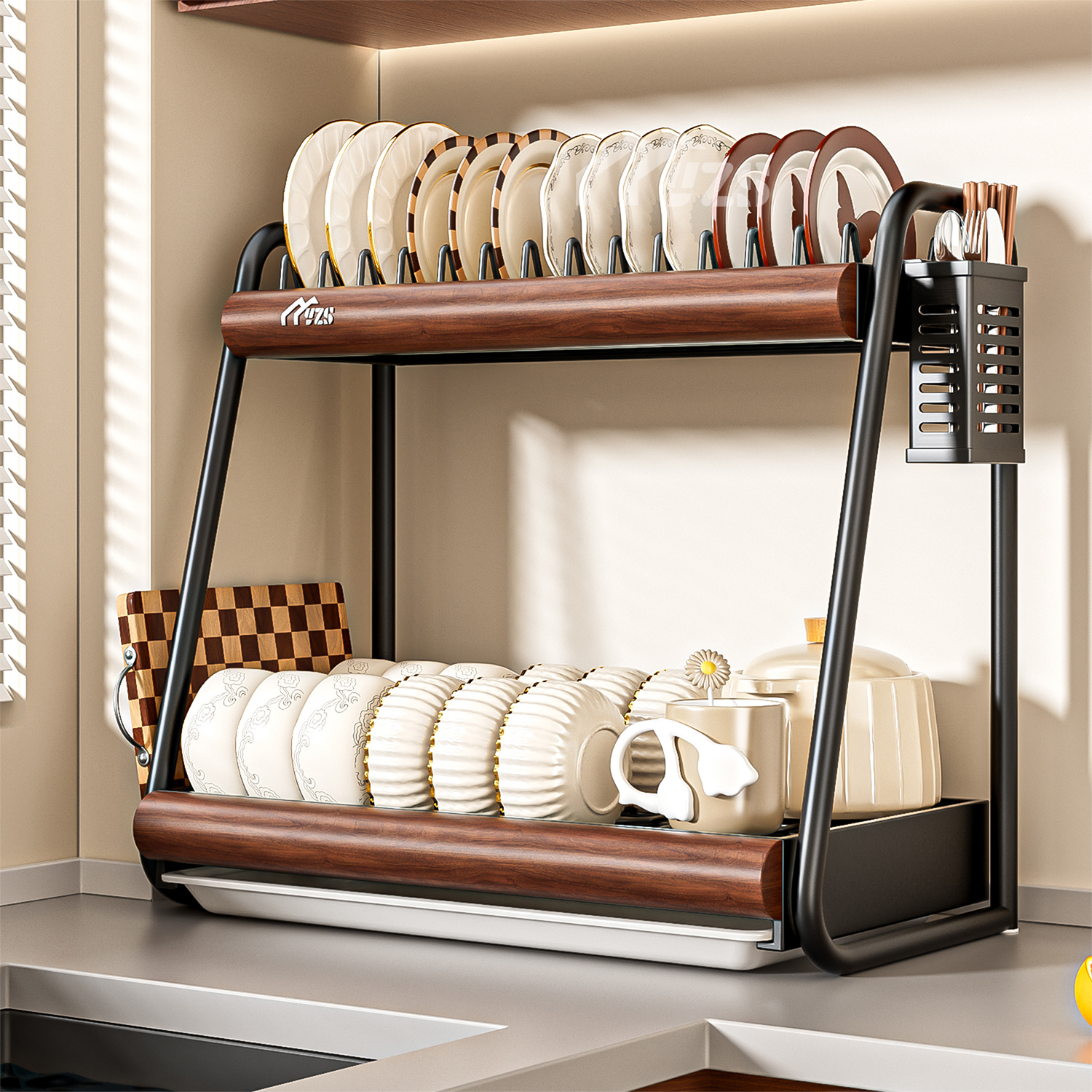 爆款榉木家用碗碟收纳架厨房置物架台面多功能放碗筷盘沥水碗架